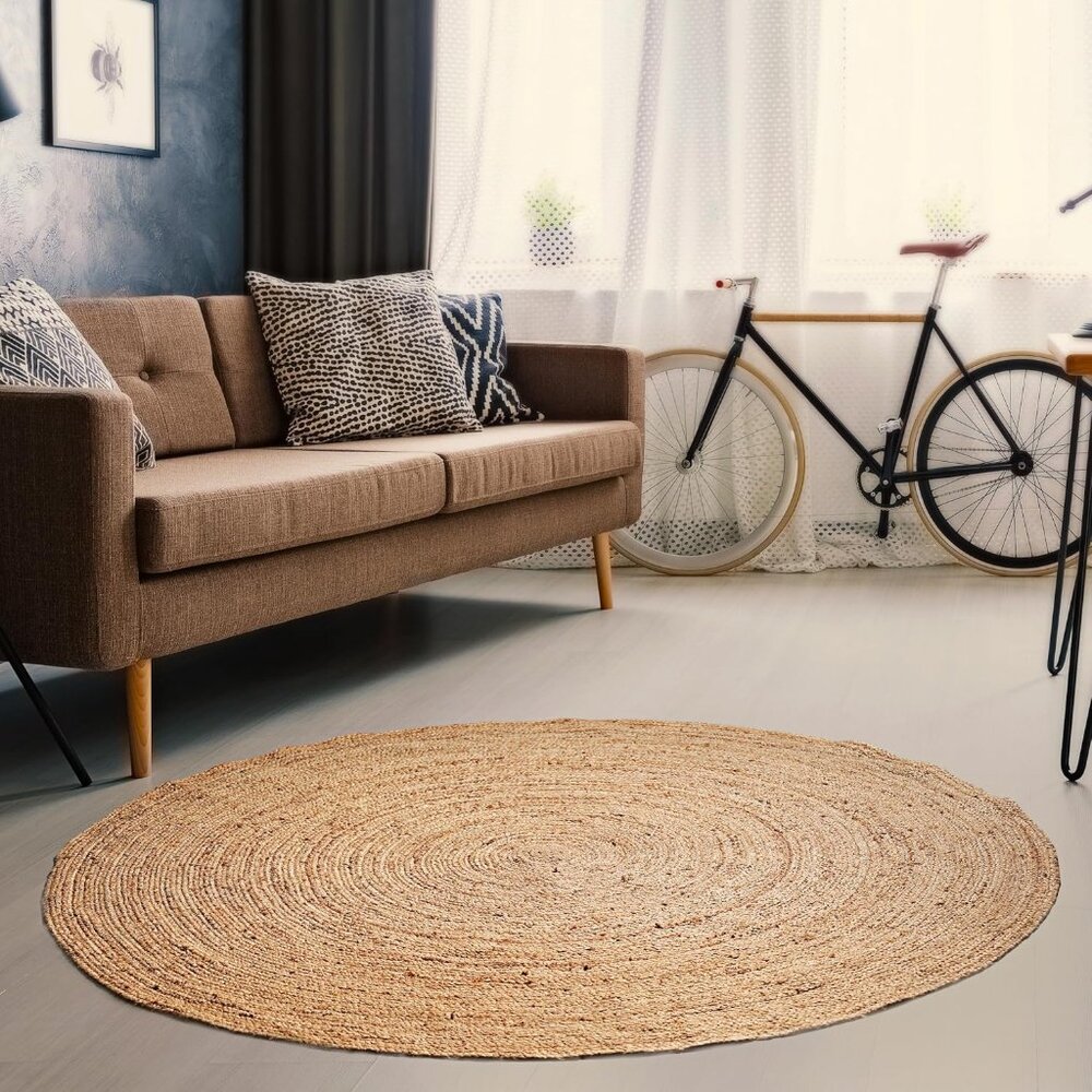 New 5’ Round Hand-Woven Jute Rug, Natural Reversible Boho Braided Floor Carpet